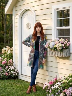 Sundance Women’s Spring Paisley Open Front Cardigan Sweater Duster Size Small
